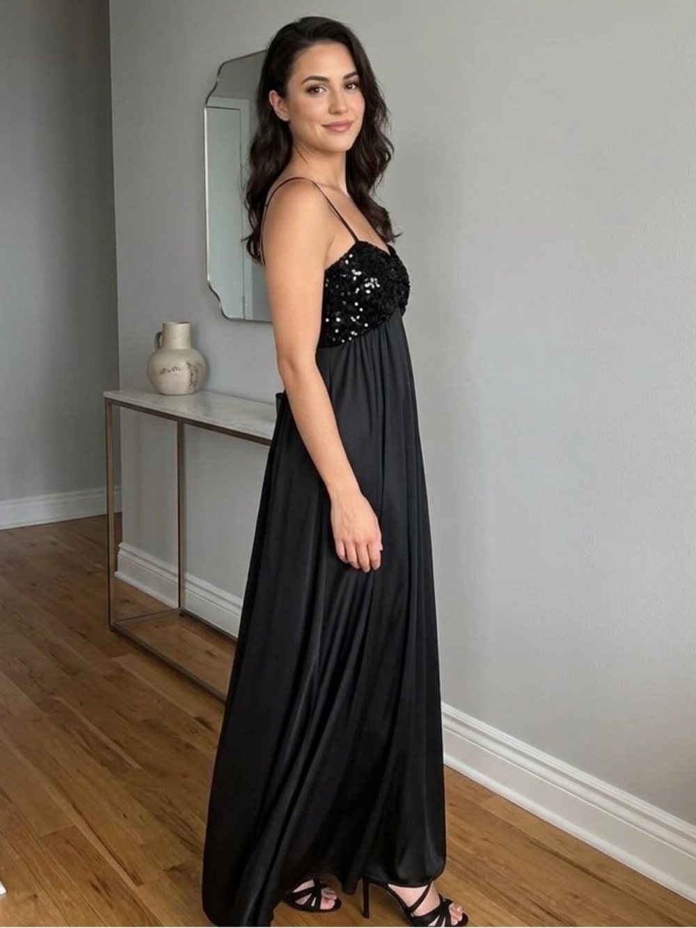 Vintage Disco Glam Sequins Empire Waist Long Dress